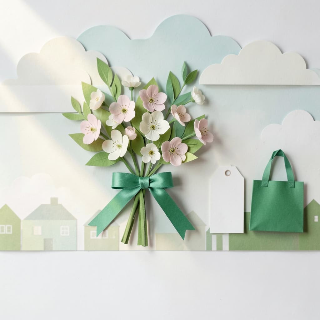 Papieren lentecompositie met bloemen, lint, cadeau-elementen en groene merkaccenten voor mei-campagnes rond Moederdag, Hemelvaart en lokale acties