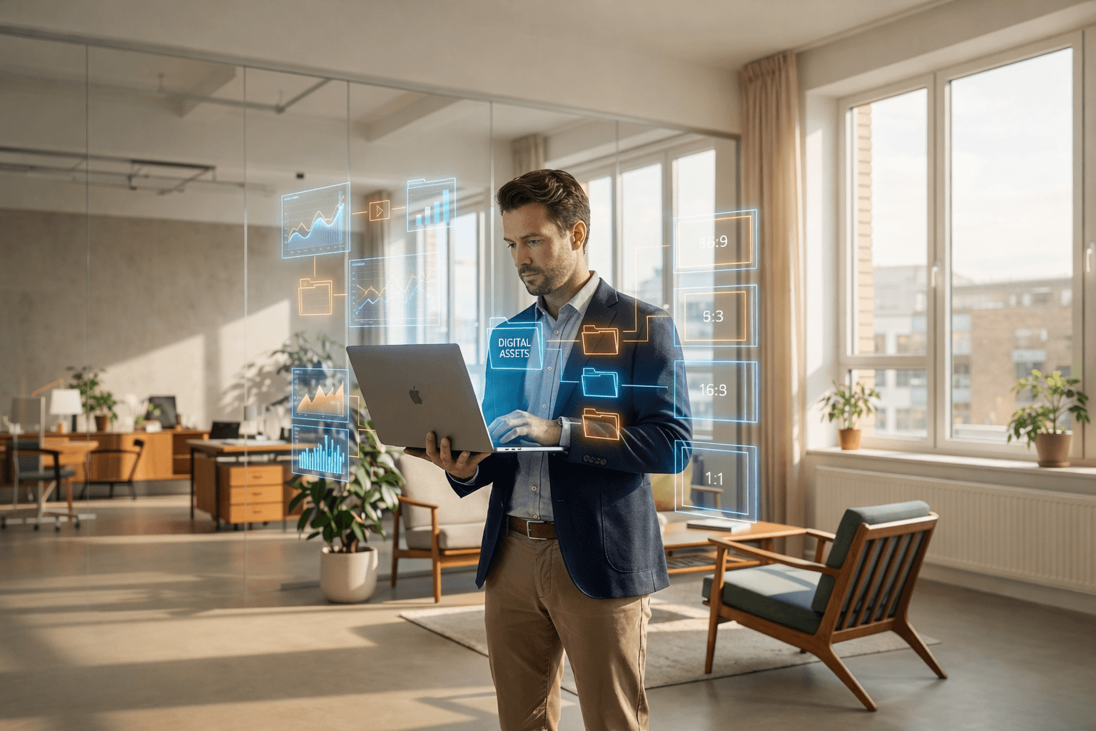 Een efficiënte marketeer die werkt met AI Visual Branding tools